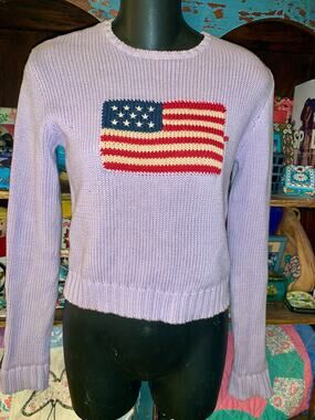 VINTAGE 90's RALPH LAUREN LAVENDER COTTON WAIST LENGTH FLAG SWEATER S